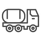 istock Fuel tank on truck line icon. Chemical freight transport. Oil industry vector design concept, outline style pictogram on white background. 1209013712
