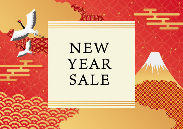 Fuji and Crane Japanese Pattern Background Templates New Year's first sale poster illustrationFuji and Crane Japanese Pattern Background Templates new years day stock illustrations