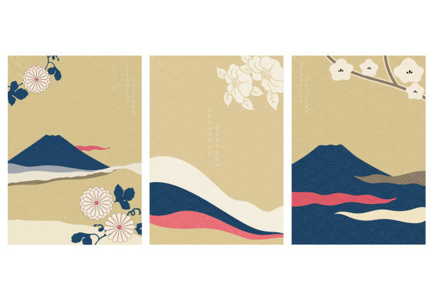 日本風の花のベクトルを持つ富士山。波のパターンのイラストと風景の背景。 - 富士山点のイラスト素材／クリップアート素材／マンガ素材／アイコン素材