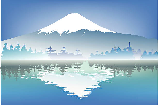 fuji mountain with reflection water vector art illustration