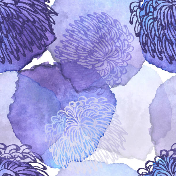 Fuji Mum, Dalhia, Flower Seamless Vector Pattern - Ink Drawing with Watercolor Texture Fuji Mum, Dalhai, Flower Seamless Vector Pattern - Ink Drawing with Watercolor Texture memorial day background stock illustrations