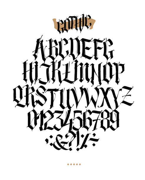 ilustrações de stock, clip art, desenhos animados e ícones de full alphabet in the gothic style. vector. letters and symbols on a white background. calligraphy and lettering. medieval latin letters. individual letters. elegant font for tattoo. a set for inspiration. - goticos