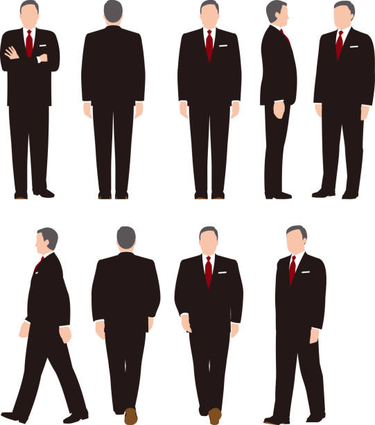 中年のビジネスウーマンの全身イラスト。様々な動き - スーツ　男性点のイラスト素材／クリップアート素材／マンガ素材／アイコン素材