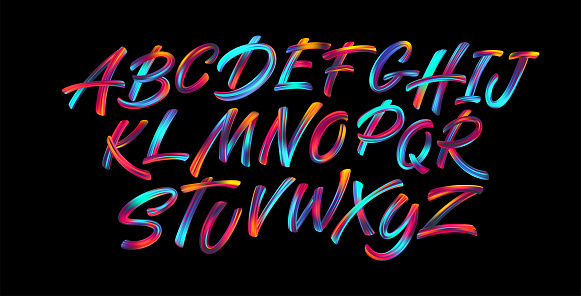 Full color handwriting paint brush lettering latin alphabet letters. Vector illustration
