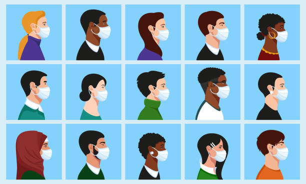 Full Face Under Mask Vector: Stylish beautiful men and women with medical face mask profile portrait avatar set: Asian, African, European, Muslim, American, Mature, Young, Religious.  covid variant stock illustrations