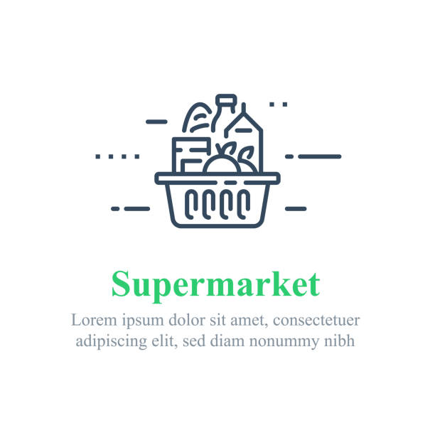 Full grocery basket, supermarket special offer, food delivery Full grocery basket, supermarket special offer, food delivery, consumption concept, vector line icon groceries stock illustrations
