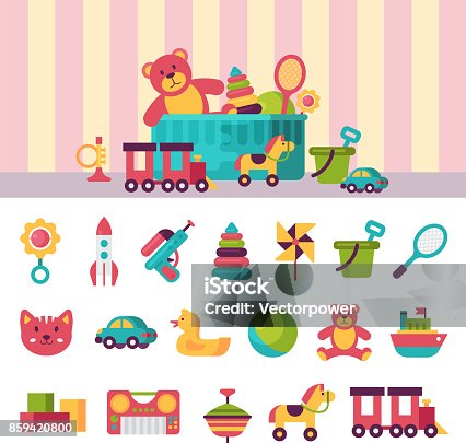 istock Full kid toys in boxes for kids play childhood babyroom container vector illustration 859420800