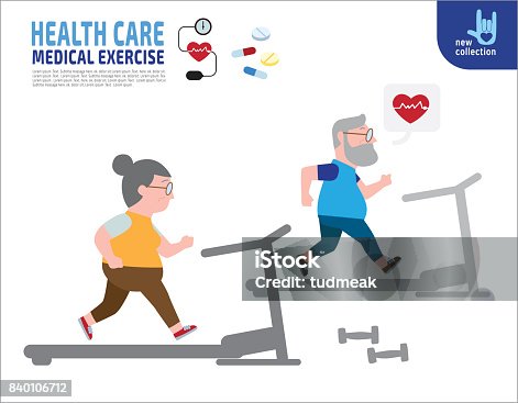 istock Full length couple senior overweight exercising on trainer machine.Health care lifestyle weight loss concept. Vector flat style cartoon character design illustration. Isolated 840106712
