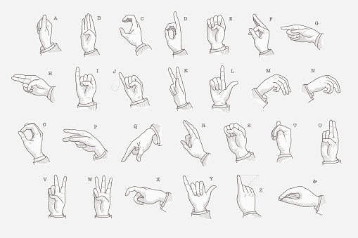 Hand-drawn engraving style vector American sign language illustration.