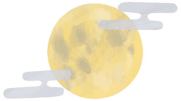 満月雲月イラストウォーターペイント - 中秋の名月点のイラスト素材／クリップアート素材／マンガ素材／アイコン素材