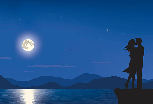 Full Moon Lovers Silhouette of a man and woman kissing in a landscape with full moon and sea at night. night illustrations stock illustrations
