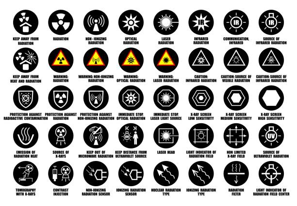 Full set of laser, X-ray, infrared, ultraviolet, optical radiation icons with international standard ISO description Full set of laser, X-ray, infrared, ultraviolet, optical radiation icons with international standard ISO description ultraviolet light stock illustrations