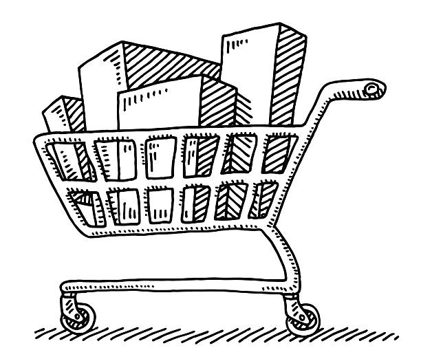 Full Shopping Cart Packaging Drawing Hand-drawn vector drawing of a Full Shopping Cart with many Packagings. Black-and-White sketch on a transparent background (.eps-file). Included files are EPS (v10) and Hi-Res JPG. shopping drawings stock illustrations