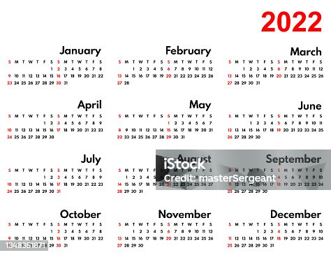 istock 2022 full year monthly united states wall or table calendar, wide month grid, vector template, sunday first, one weekend 1348351871