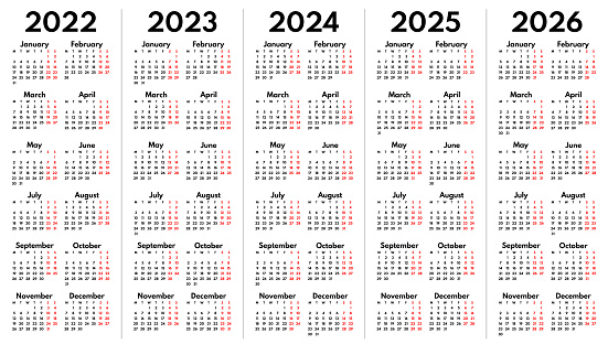 2022 2023 2024 2025 2026 full years english language calendar grids, vertical layout