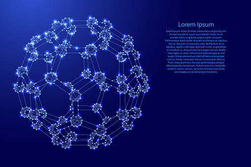 Fullerene, a molecular compound, structure from carbon atoms, from futuristic polygonal blue lines and glowing stars for banner, poster, greeting card. Vector illustration.