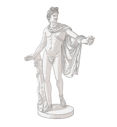 Full-length statue of Apollo Belvedere. Vector illustration in a line art style with engraving hatching and tonal separation into light, shadow. EPS 10. The idea for a print on a T-shirt, bag, poster.