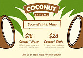 Fun and Happy Coconut Drink Bar Web Banner or Menu Flyer Template with Beige Palm Leaf Background for Promo Poster