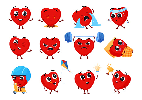 Fun cartoon red heart character collection vector flat illustration. Cute body organ daily life
