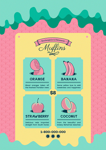 Fun Colorful Ice Cream or Muffin Flyer and Poster Template with Neon and Cute Pastel Fruits