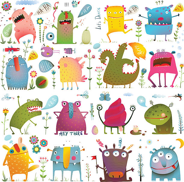 Fun Cute Cartoon Monsters for Kids Design Collection Vivid fabulous incredible creatures design elements big bundle isolated on white. EPS10 vector has no background color. monster fictional character stock illustrations