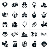 Icons related to a fair or carnival. The icons include balloons, admission ticket, teddy bear, ice cream cone, games, roller coaster, ferris wheel, circus tent, magician hat, boy, girl, family, cotton candy, hot dog, bumper cars, fireworks and clown to name a few.
