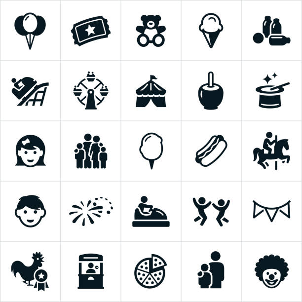 Fun Fair Icons Icons related to a fair or carnival. The icons include balloons, admission ticket, teddy bear, ice cream cone, games, roller coaster, ferris wheel, circus tent, magician hat, boy, girl, family, cotton candy, hot dog, bumper cars, fireworks and clown to name a few. farmers market stock illustrations