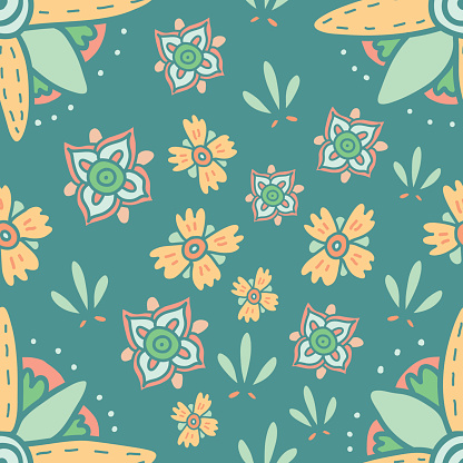 Fun floral autumn background. Seamless vector pattern. Pastel colors.