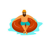 istock fun guy swimming on inflatable tube float ring in the pool vector illustration isolated 1022138216