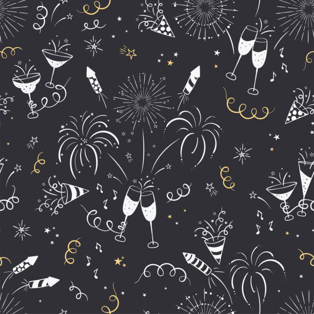 ilustrações de stock, clip art, desenhos animados e ícones de fun hand drawn new years party seamless pattern - firework, paper streamers, cocktails and rockets doodles, great for banners, wallpapers, textiles, wrapping - vector design - new year