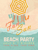 Pastel retro Fun in the Sun sand Beach party template invitation design template. Features sandy background, feet under umbrella, flip flops, legs on beach towel. Sample text design and Summer Fun Beach Party text design. Easy to edit with color scheme and layout elements on a separate layer. Summer fun, beach party, beach house, spring break.