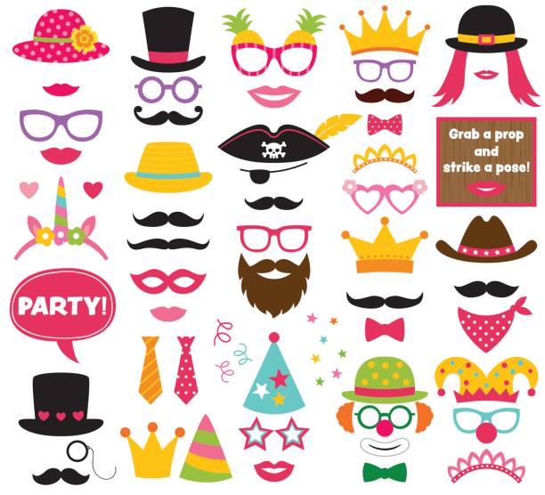 ilustrações de stock, clip art, desenhos animados e ícones de fun party hats, vector photo booth props - carnival mask