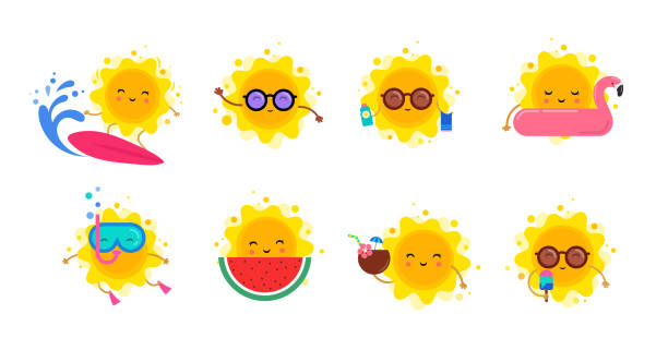 Fun summer elements, sun characters, icons with ice cream, watermelon, surfboard and swimming pool float Fun summer elements, sun characters, icons set with ice cream, watermelon, surfboard and swimming pool float cartoon sun with sunglasses stock illustrations