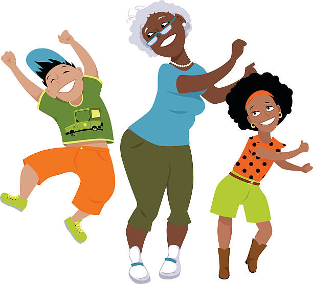 Fun with grandma Senior black woman dancing with a little boy and a girl, EPS 8 vector illustration, no transparencies latin family stock illustrations