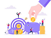 Fundraising composition concept of crowdfunding. Piggy bank with coins money currency, target and light bulb with tiny people characters flat style design vector illustration isolated white background
