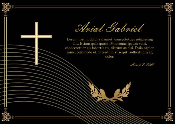 Funeral announcement in luxurious design. Filigree golden embossed patterned borders. Luxurious obituary with golden crucifix and lawrence branches on black background. Funeral announcement in luxurious design. Filigree golden embossed patterned borders. Luxurious obituary with golden crucifix and lawrence branches on black background. Vector template religious cross borders stock illustrations