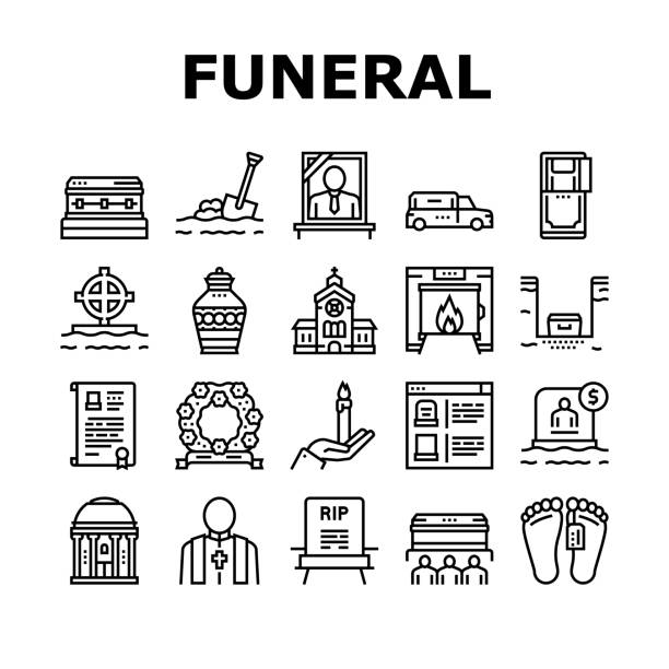 Funeral Burial Service Collection Icons Set Vector Funeral Burial Service Collection Icons Set Vector. Church And Priest, Grave And Coffin, Candle And Gravestone, Funeral Crematorium And Cemetery Black Contour Illustrations crematorium stock illustrations