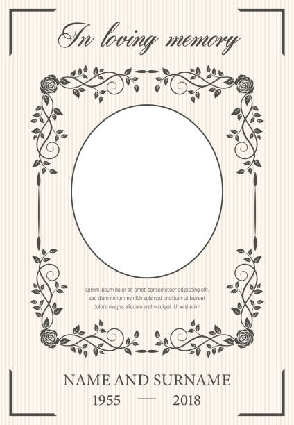Funeral card vector template, oval frame for photo Funeral card vector template with oval frame for photo, condolence rose flowers, leaves flourishes, place for name, birth and death dates. Obituary memorial, funereal card, in loving memory typography memorial stock illustrations