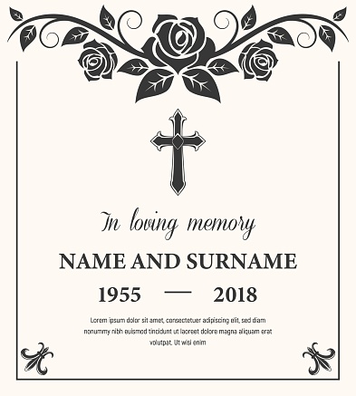 Funeral card vector template, condolence flower ornament with cross, name, birth and death dates. Obituary memorial, gravestone engraving with fleur de lis symbols in corners, vintage funeral card