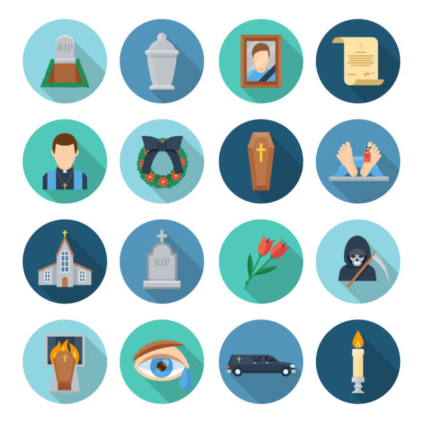 Funeral icon set Funeral icon set. Burial, cremation rituals undertaken, saying goodbye to someone who died, service provider and church ceremony. Vector flat style cartoon illustration isolated on white background funerary urn stock illustrations
