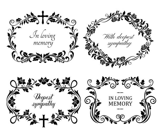 Funeral mourning frames with roses and lily flower Funeral mourning frames with roses and lily flowers engraved arrangements. Funerary memorial plates borders with floral black ornaments and cross vector. Funeral borders with memorial condolences religious cross borders stock illustrations