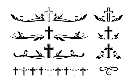 Funeral ornamental decorations. Vector memorial design elements. Border, divider, ribbon, frame and corner.
