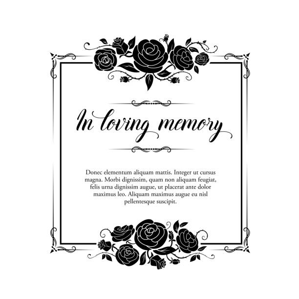 Funeral vector card, retro frame with rose flowers Funeral vector card, retro frame with rose flowers and flourishes, Funereal mourning square border with floral decoration, in loving memory typography. Vintage black rose blossoms on white background memories stock illustrations