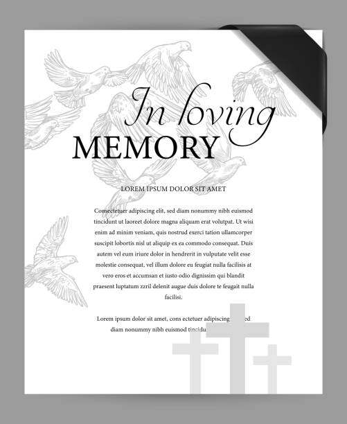 Funereal card vector template with ribbon and bird Funereal card design template with black mourning ribbon on corner, cemetery graves crosses and flying doves engraved vector. Funeral ceremony invitation or memorial plate with obituary condolences memorial stock illustrations