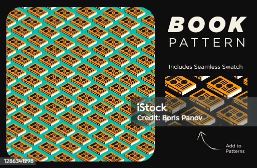 istock Funky Isometric 3d Book Texture For Geeky Seamless Pattern on Bright Orange and Purple Background Wallpaper 1286341298