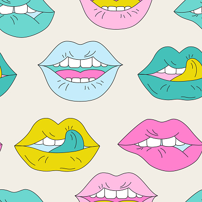 Funky open mouth with teeth, sensual lips, positive emotions seamless pattern .