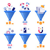 Funnel generation sales. Business lead generations, mail sorter funnels and pipeline sale optimization or conversion leads optimize segment vector concept illustration isolated icons set