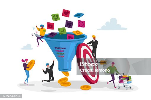 istock Funnel Marketing. Tiny Characters Put Money into Huge Sales Funnel. Digital Marketing Lead Generations Strategy 1269730904