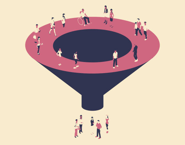 Funnel with people in a limited color palette Illustration of a sales or marketing funnel is shown with people in isometric view, using a limited palette of three colors for a dramatic visual effect. target market stock illustrations