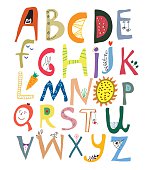Funny alphabet for kids with faces, vegetables, flowers and animals - vector illustration